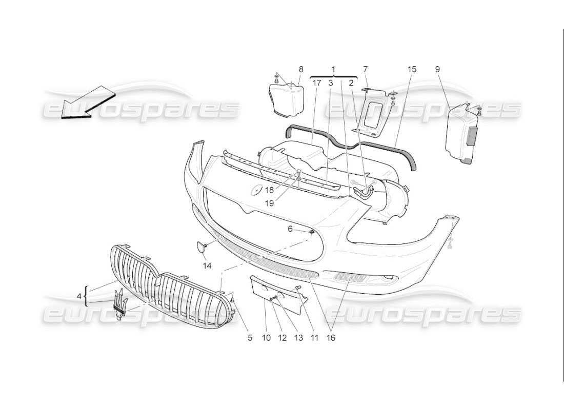 maserati qtp. (2009) 4.7 auto diagrama de piezas del parachoques delantero