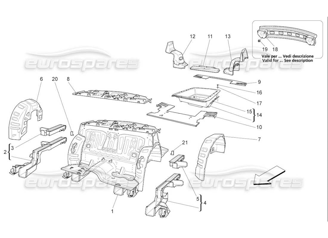 maserati qtp. (2009) 4.7 auto diagrama de piezas de marcos estructurales traseros y paneles de chapa