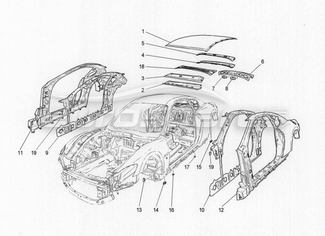 maserati granturismo special edition carrocería y paneles exteriores centrales diagrama de piezas