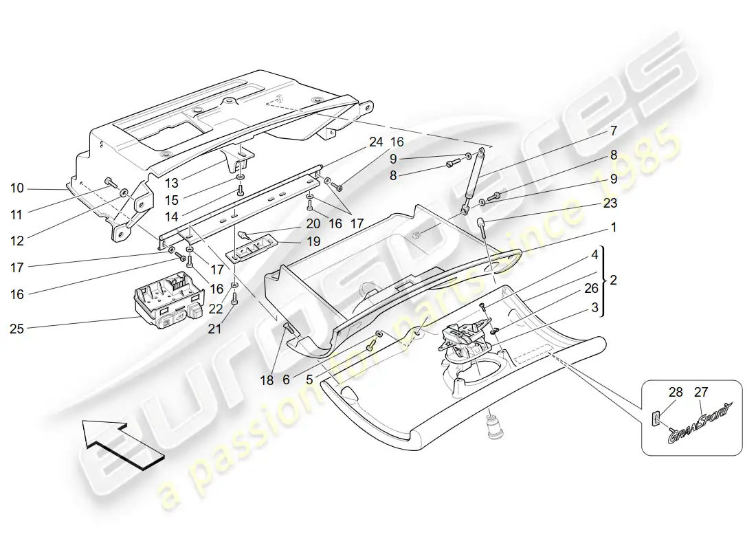 maserati 4200 gransport (2005) cajón del tablero diagrama de piezas