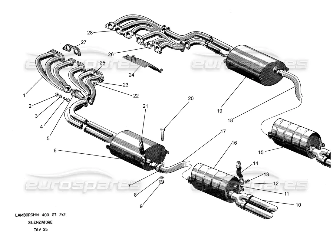 lamborghini 400 gt sistema de escape diagrama de piezas