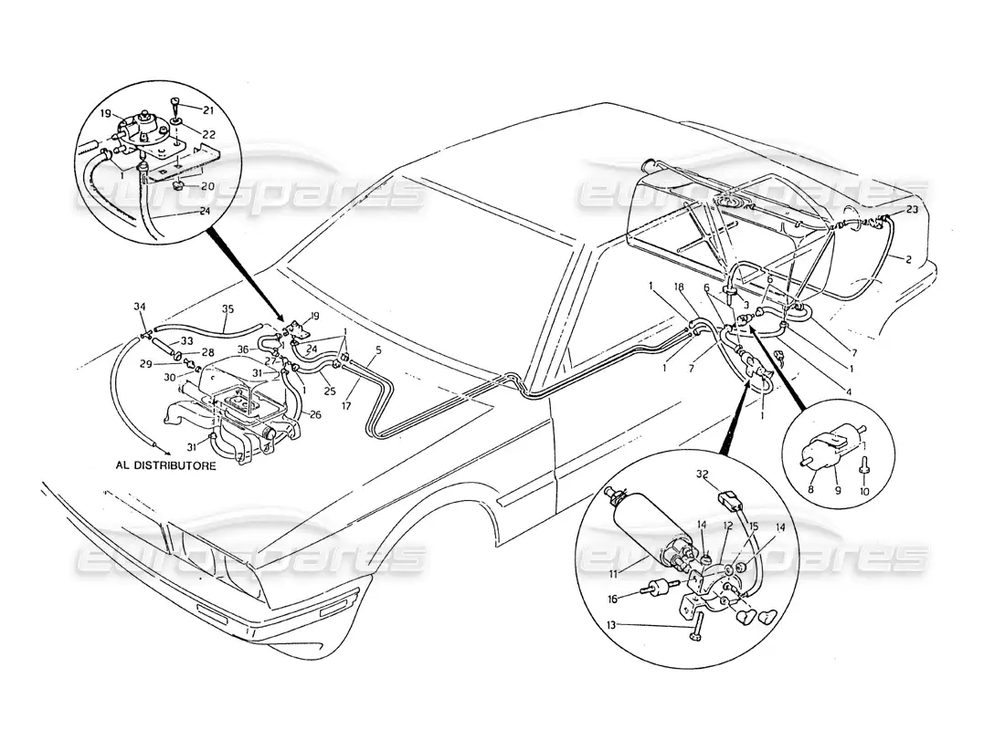 maserati biturbo 2.5 (1984) tuberías de combustible diagrama de piezas