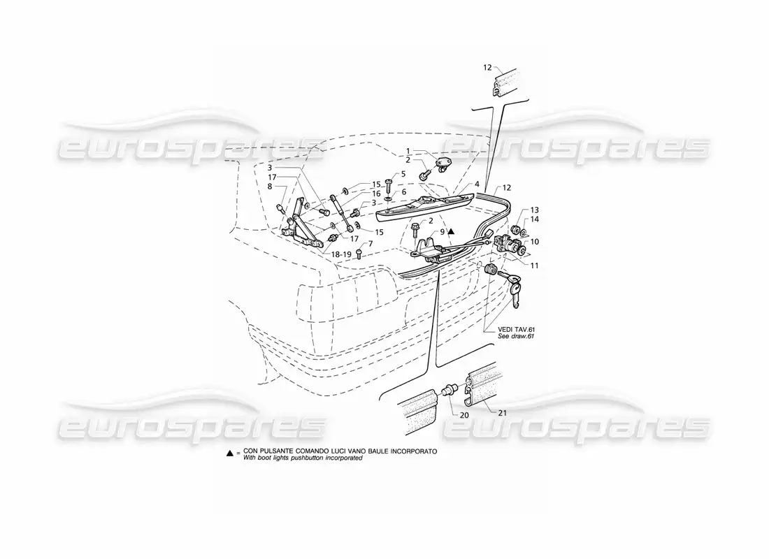 maserati qtp v8 (1998) tapa del maletero: bisagras, apertura de la tapa del maletero diagrama de piezas