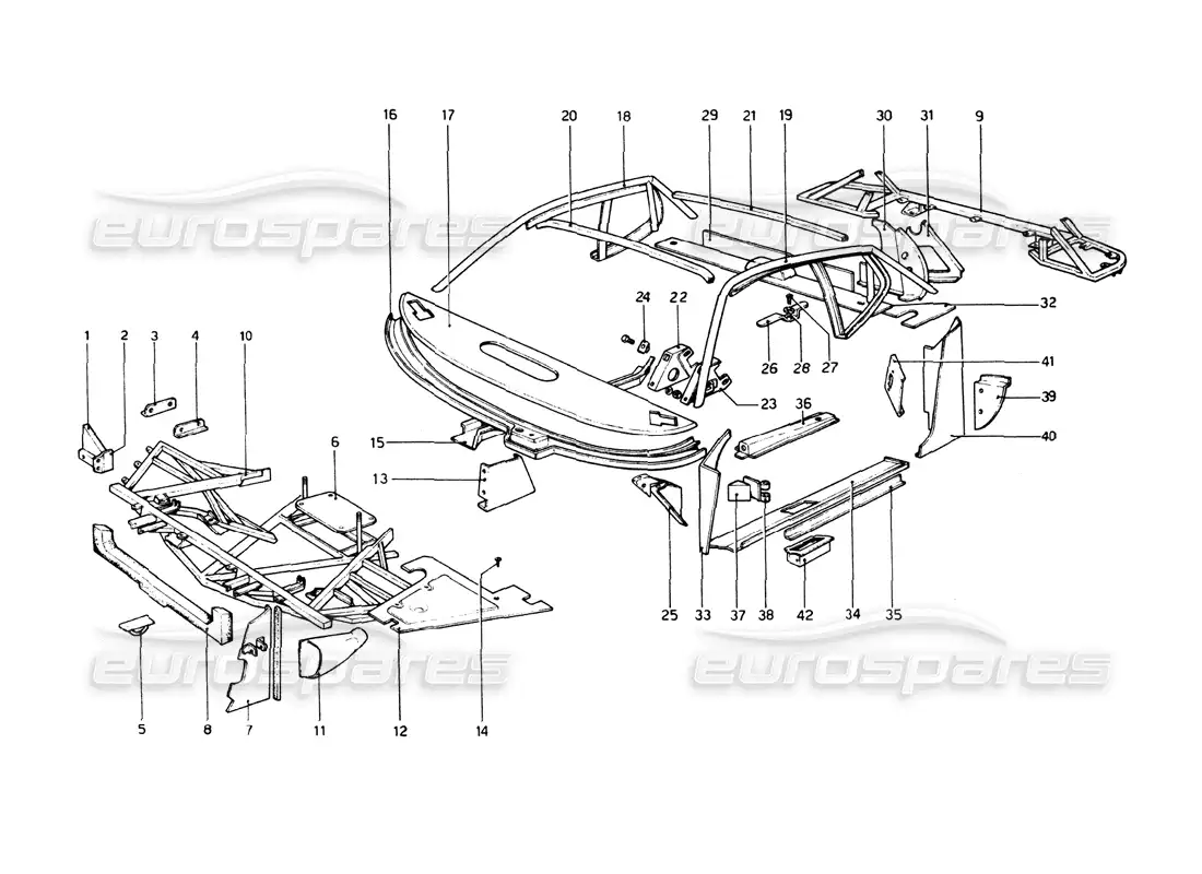 ferrari 512 bb carrocería - elementos internos diagrama de piezas
