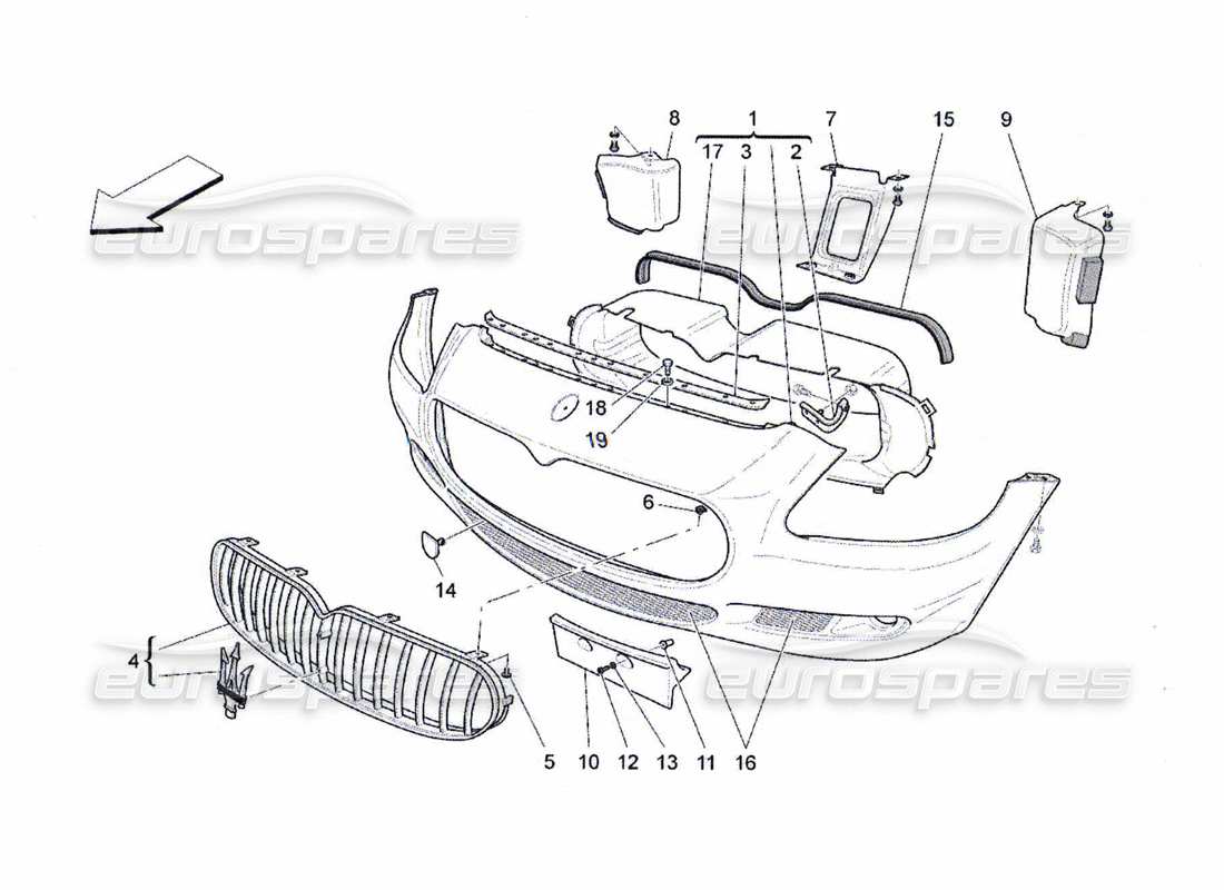 maserati qtp. (2010) 4.7 diagrama de piezas del parachoques delantero