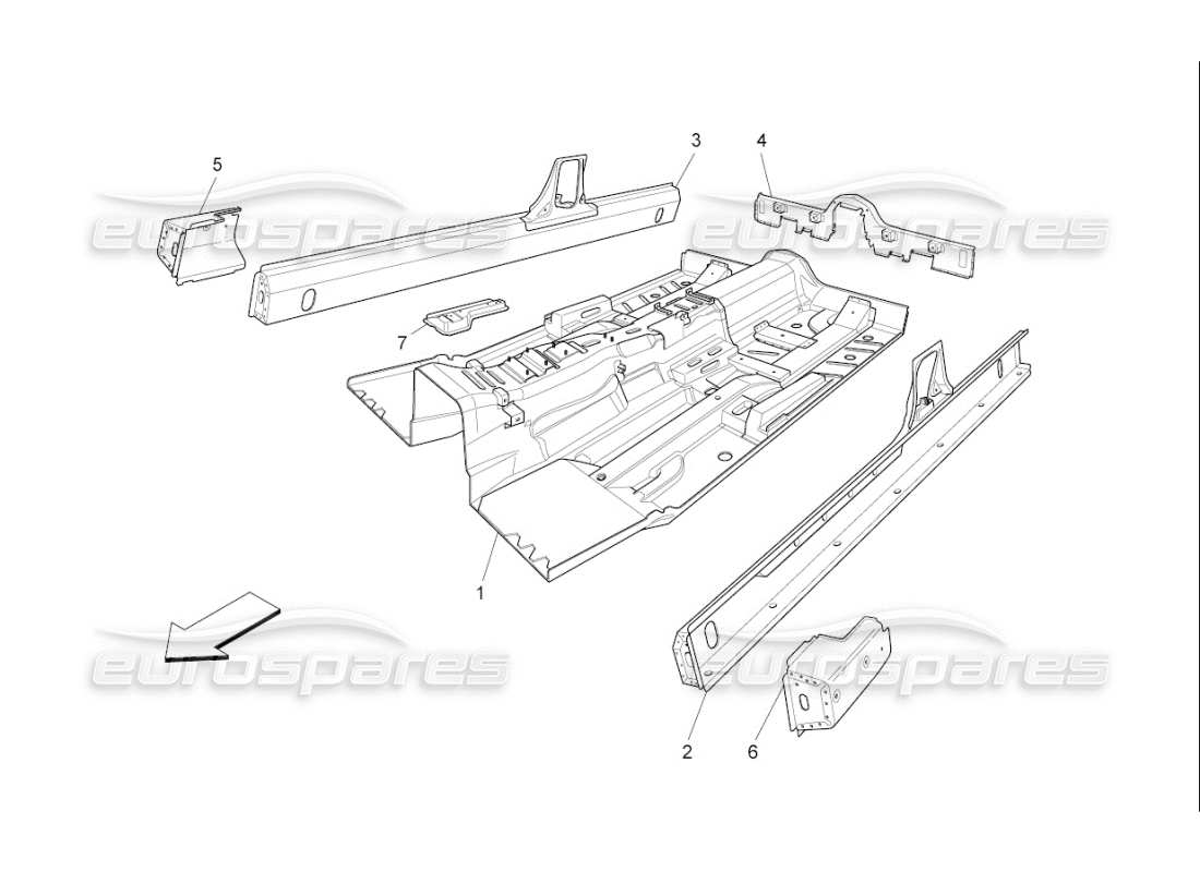 maserati qtp. (2010) 4.7 auto diagrama de piezas de marcos estructurales centrales y paneles laminares