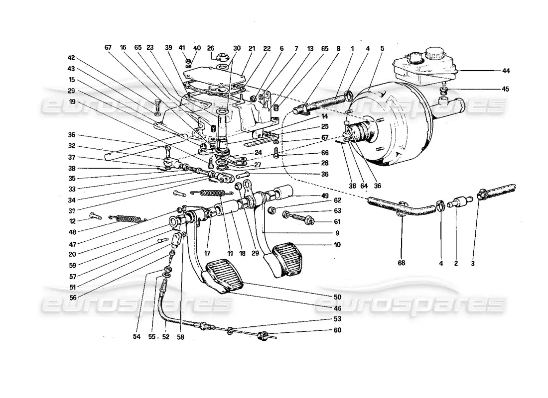ferrari 308 quattrovalvole (1985) tablero de pedales - controles de freno y embrague diagrama de piezas
