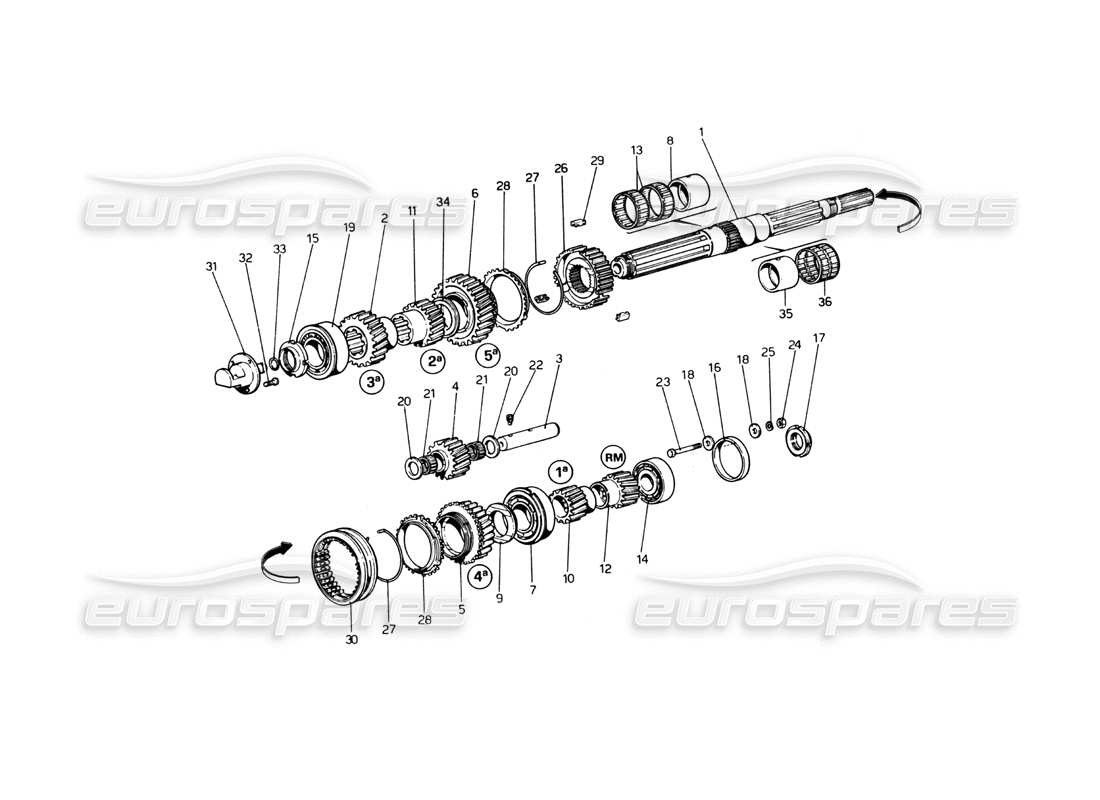 ferrari 365 gt4 berlinetta boxer engranajes del eje principal (del vehículo número 17543) diagrama de piezas