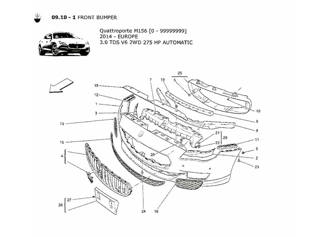 maserati qtp. v6 3.0 tds 275bhp 2014 diagrama de piezas del parachoques delantero