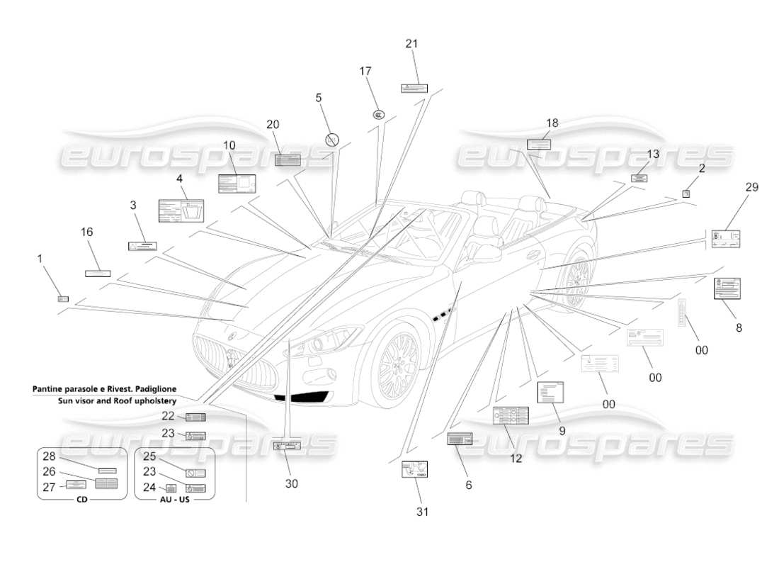maserati grancabrio (2011) 4.7 pegatinas y etiquetas diagrama de piezas