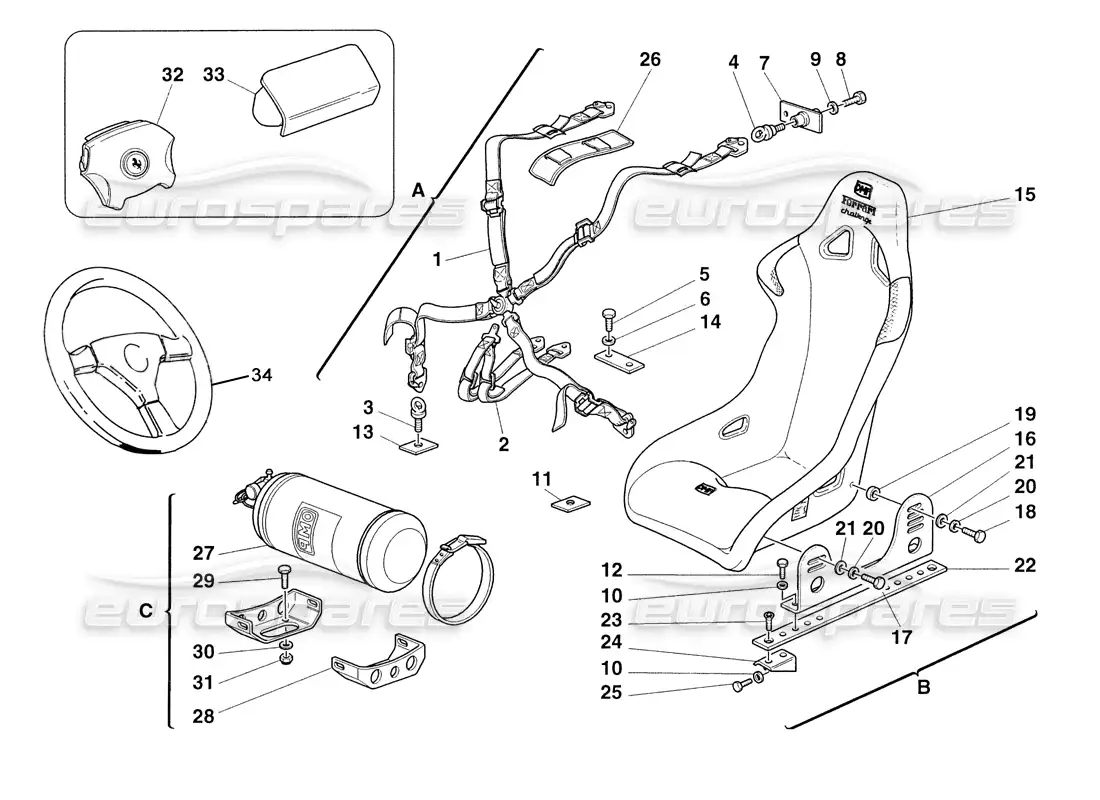 ferrari 355 challenge (1999) cinturones de seguridad de asiento - asiento - extintor de incendios diagrama de piezas