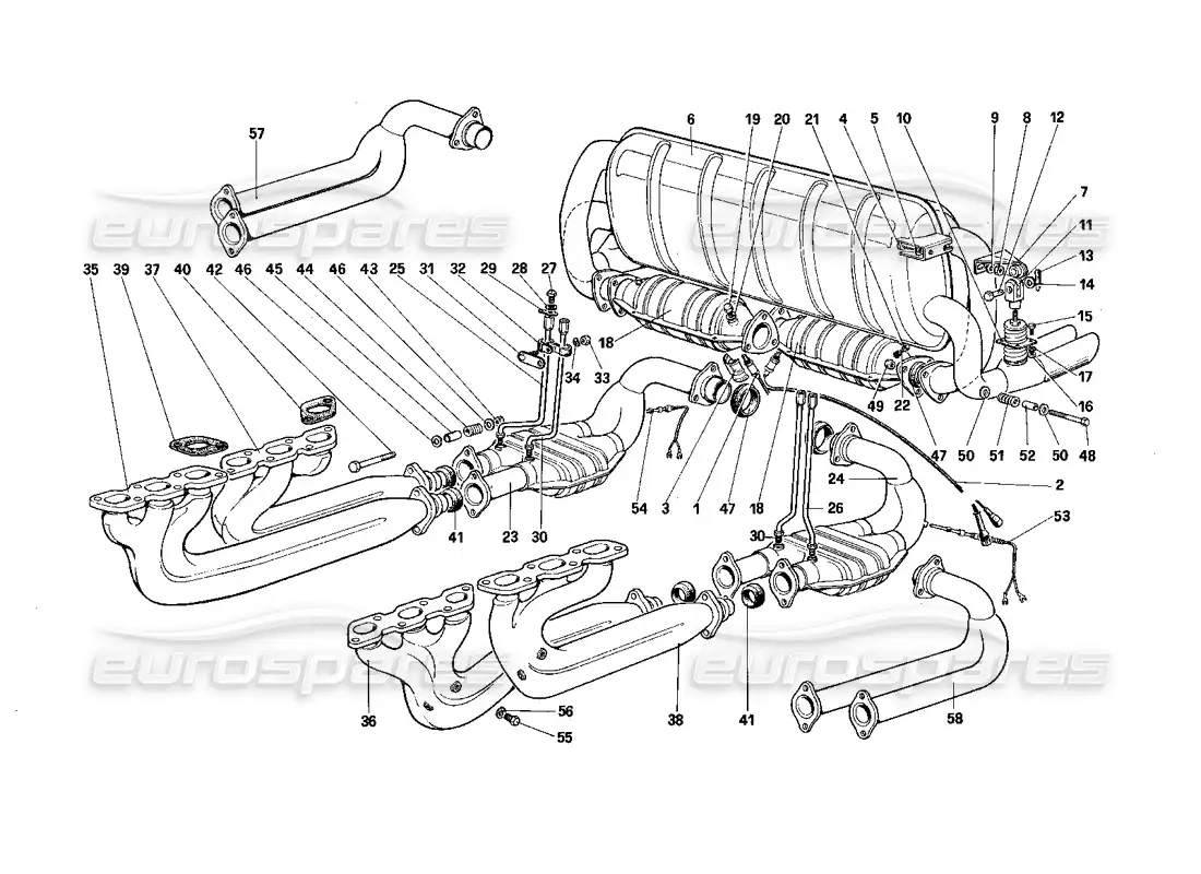 ferrari testarossa (1987) diagrama de piezas del sistema de escape (para ee. uu., sa y ch87)