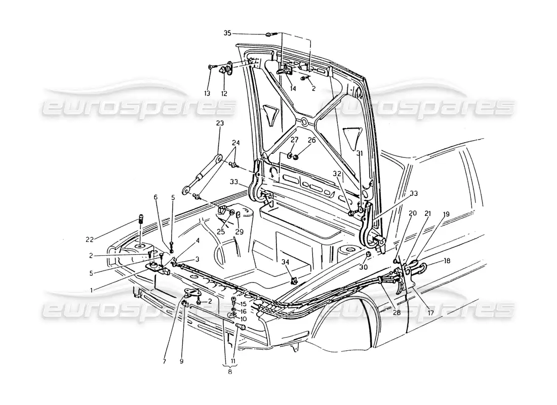maserati 418 / 4.24v / 430 diagrama de piezas del capó del motor, bisagras y controles de apertura