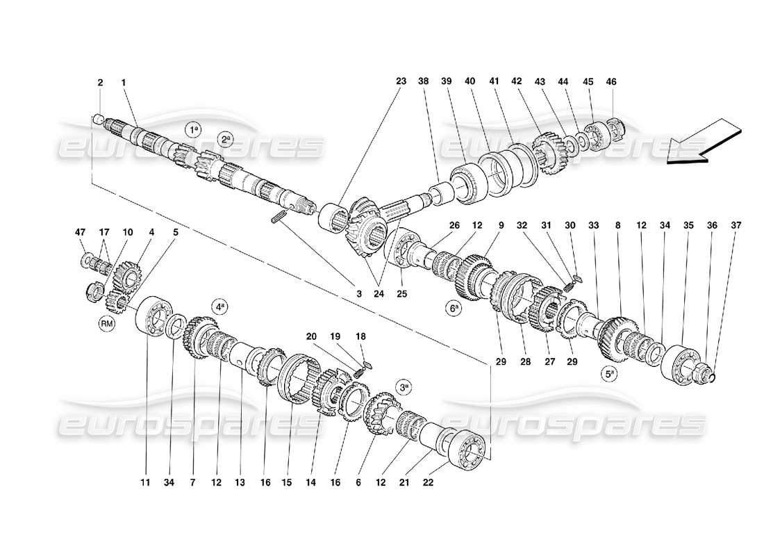 ferrari 355 (5.2 motronic) engranajes del eje principal diagrama de piezas