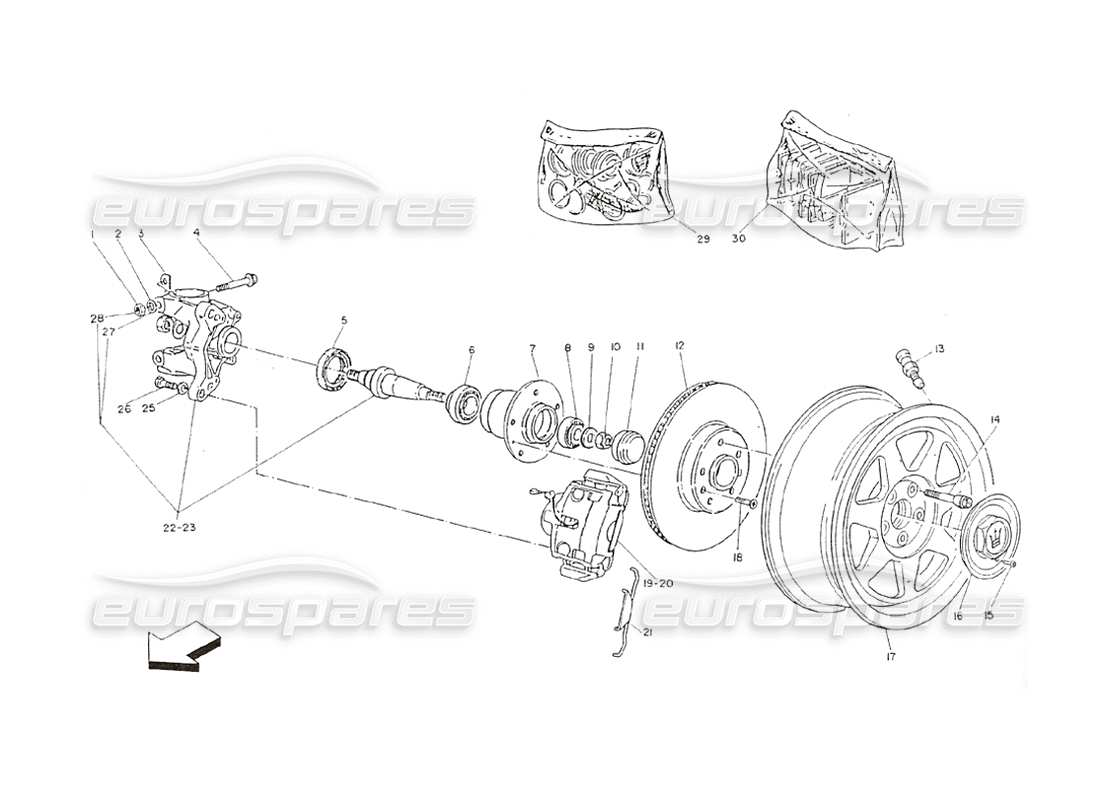 maserati shamal bujes y frenos de ruedas delanteras diagrama de piezas