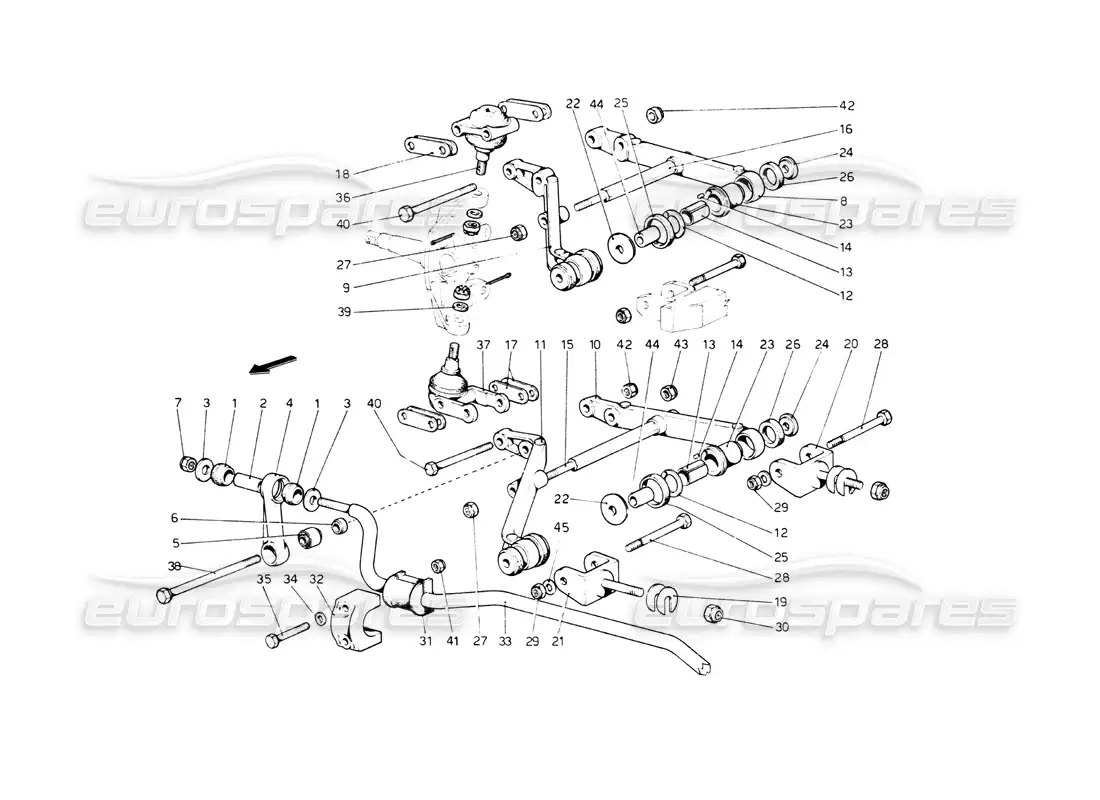 ferrari 512 bb suspensión delantera. espoletas diagrama de piezas
