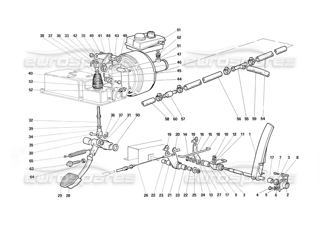 ferrari testarossa (1987) sistema hidráulico de frenos - control del acelerador (variantes para versiones con volante a la derecha) diagrama de piezas