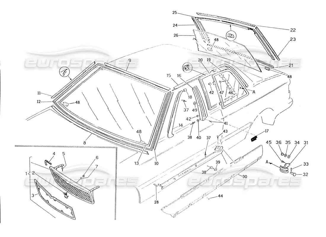 maserati karif 2.8 parrilla del radiador, embellecedores-vidrios fijos diagrama de piezas