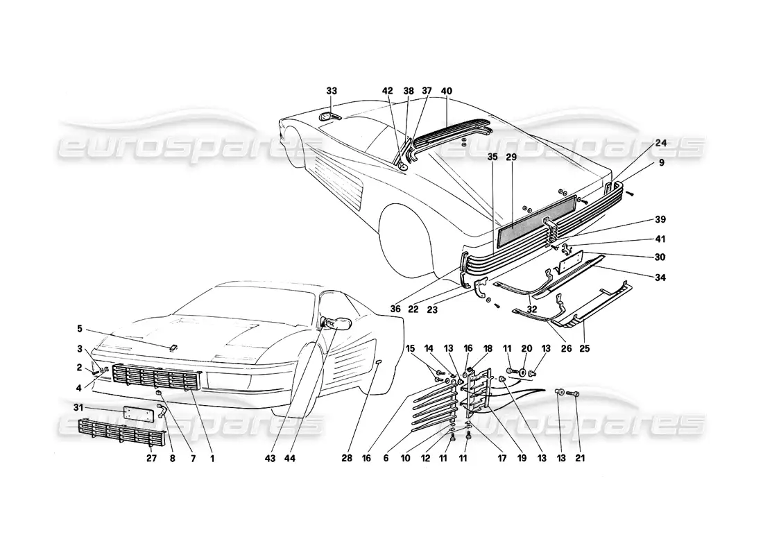 ferrari testarossa (1987) diagrama de piezas de acabado externo