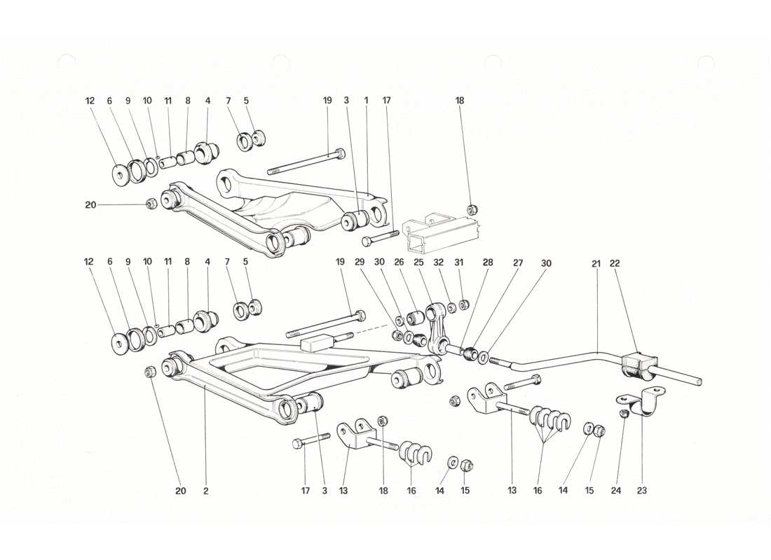 ferrari 208 gtb gts suspensión trasera - diagrama de piezas de horquillas