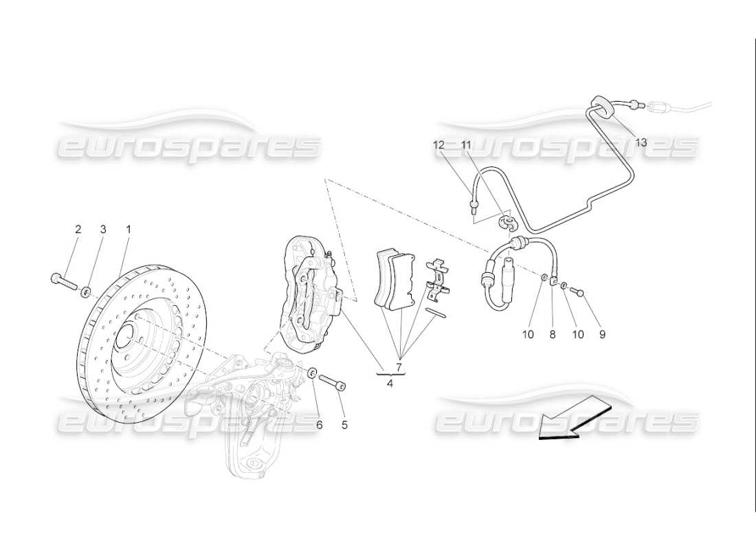 maserati qtp. (2009) 4.7 auto diagrama de piezas de los dispositivos de frenado en las ruedas delanteras
