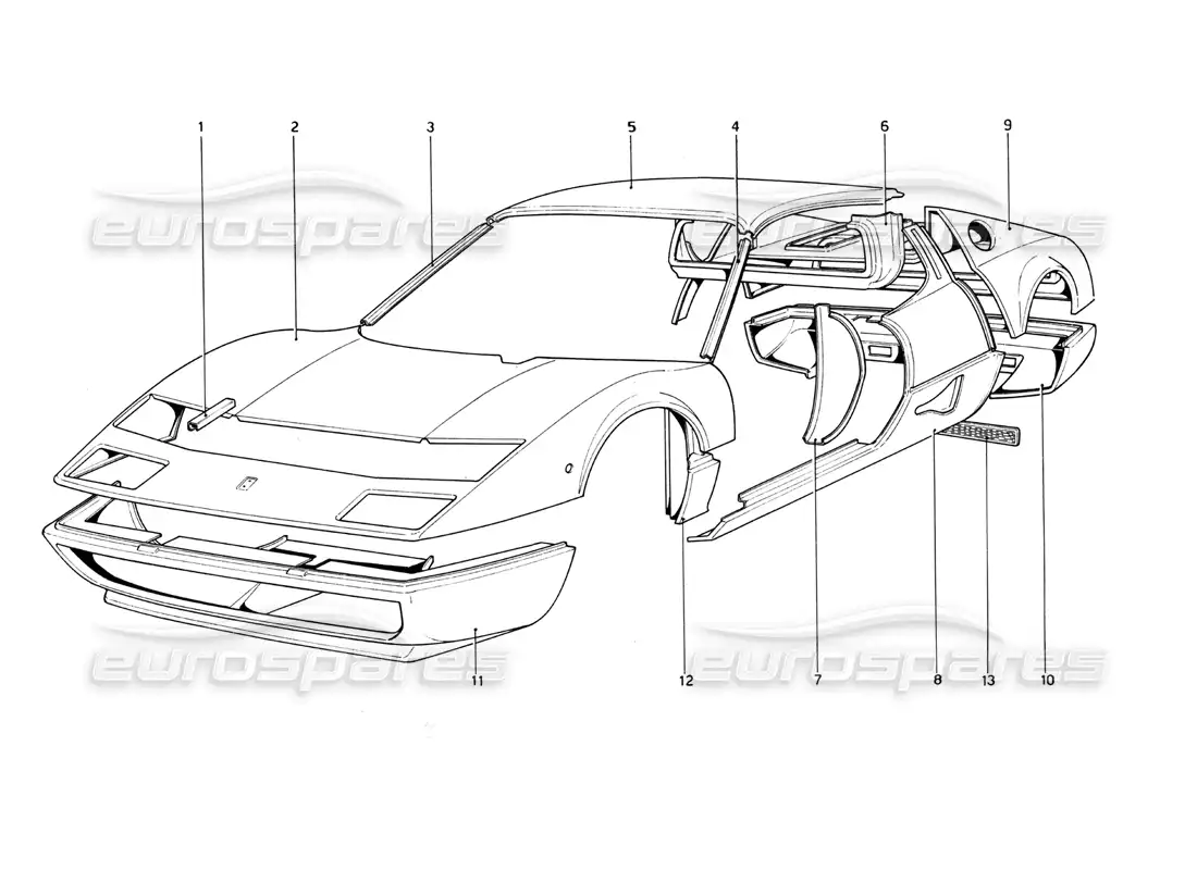 ferrari 512 bb carrocería - elementos exteriores diagrama de piezas