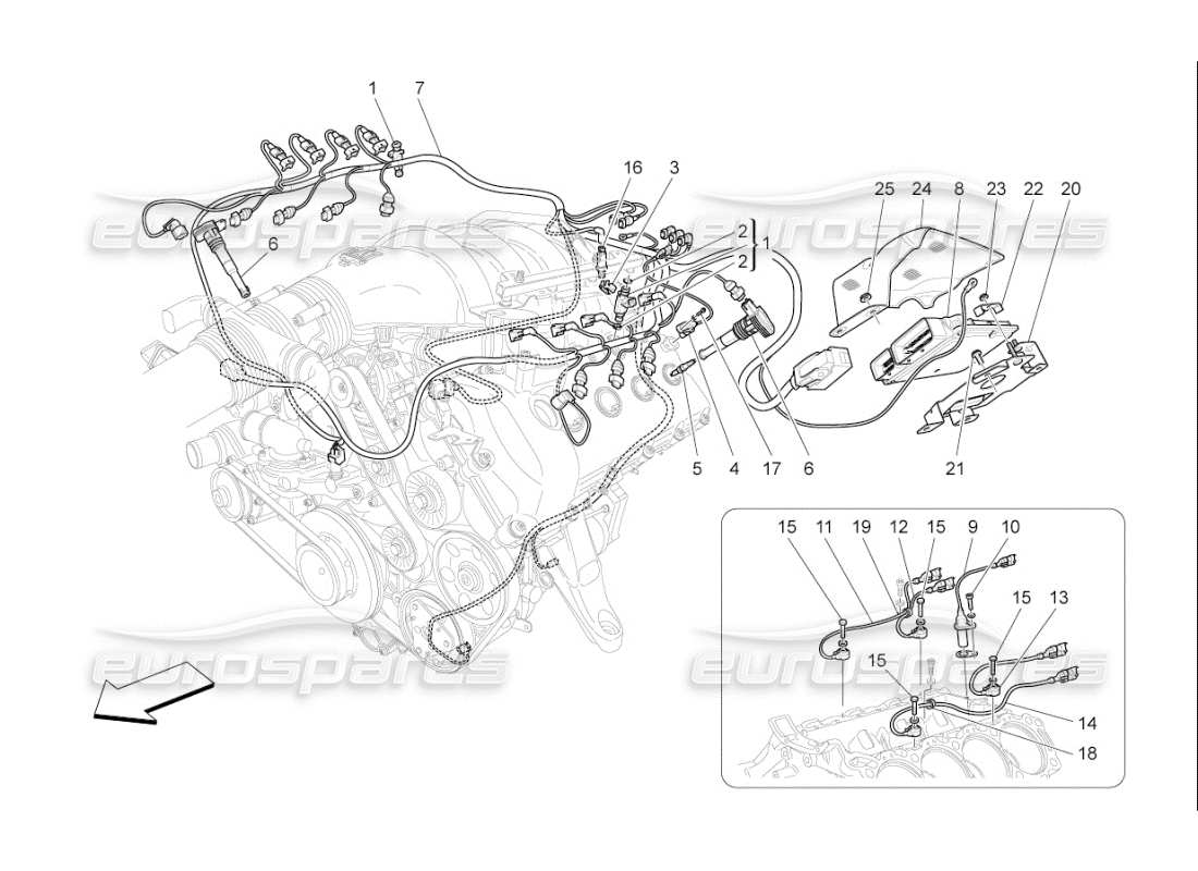 maserati qtp. (2010) 4.7 auto control electrónico: diagrama de piezas de control de sincronización del motor y inyección