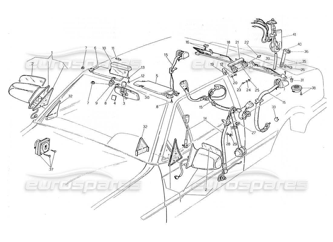 maserati 228 diagrama de piezas de cinturones de seguridad, espejos y visera solar