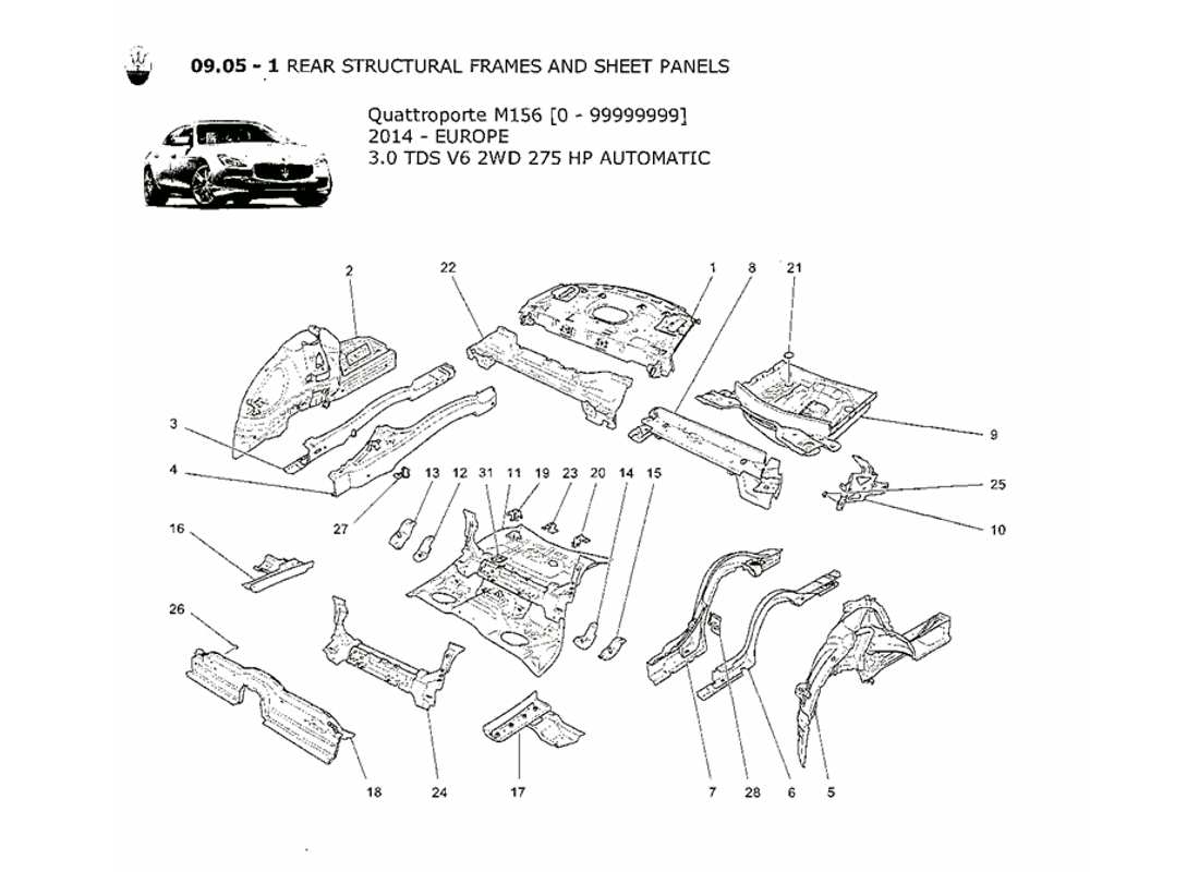 maserati qtp. v6 3.0 tds 275bhp 2014 diagrama de piezas de marcos estructurales traseros y paneles de chapa