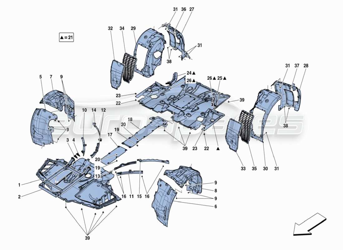ferrari 488 challenge diagrama de piezas de las bandejas inferiores