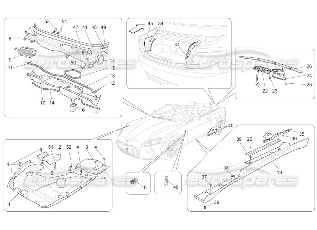 maserati grancabrio (2011) 4.7 diagrama de piezas de escudos, molduras y paneles de cobertura