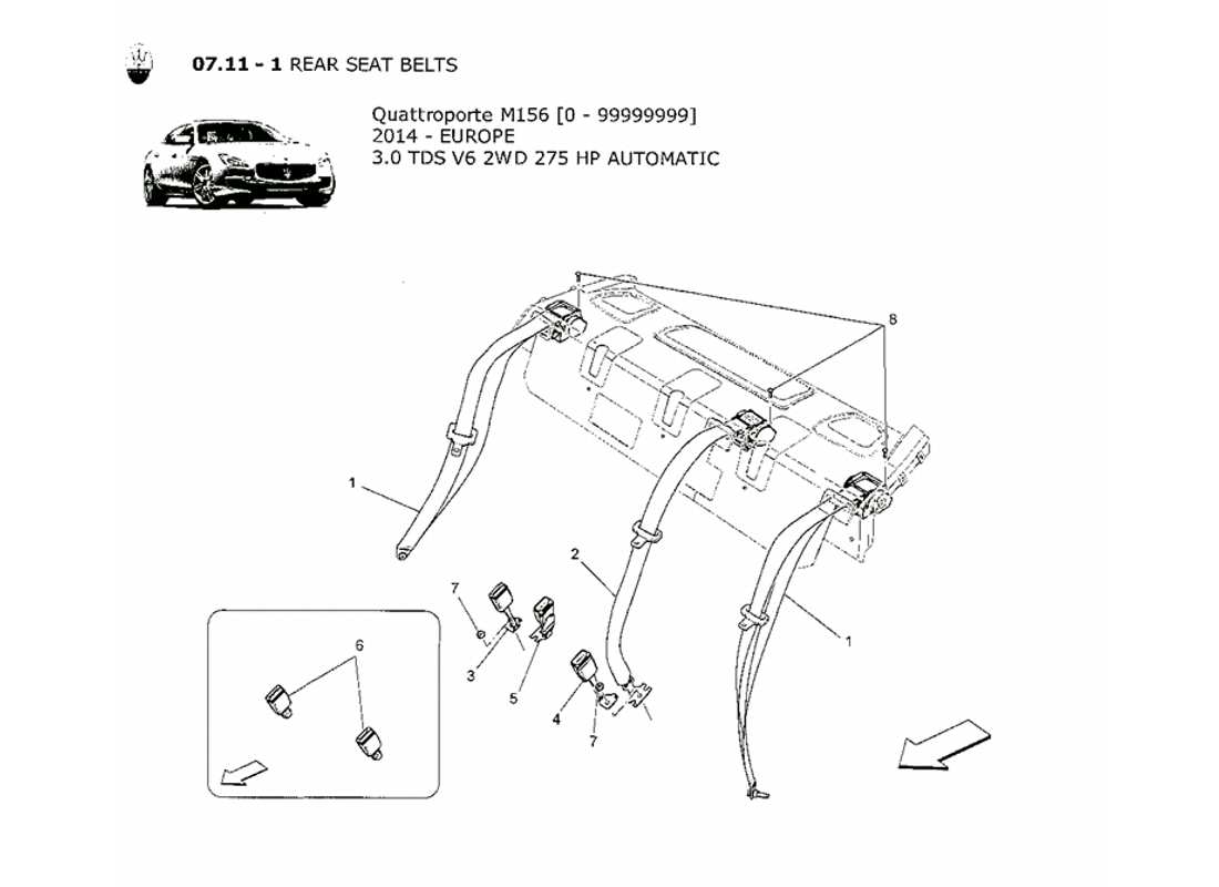 maserati qtp. v6 3.0 tds 275bhp 2014 diagrama de piezas de los cinturones de seguridad traseros