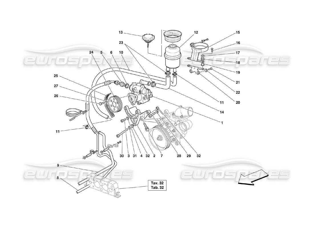 ferrari 360 challenge (2000) diagrama de piezas del tanque y la bomba de dirección hidráulica