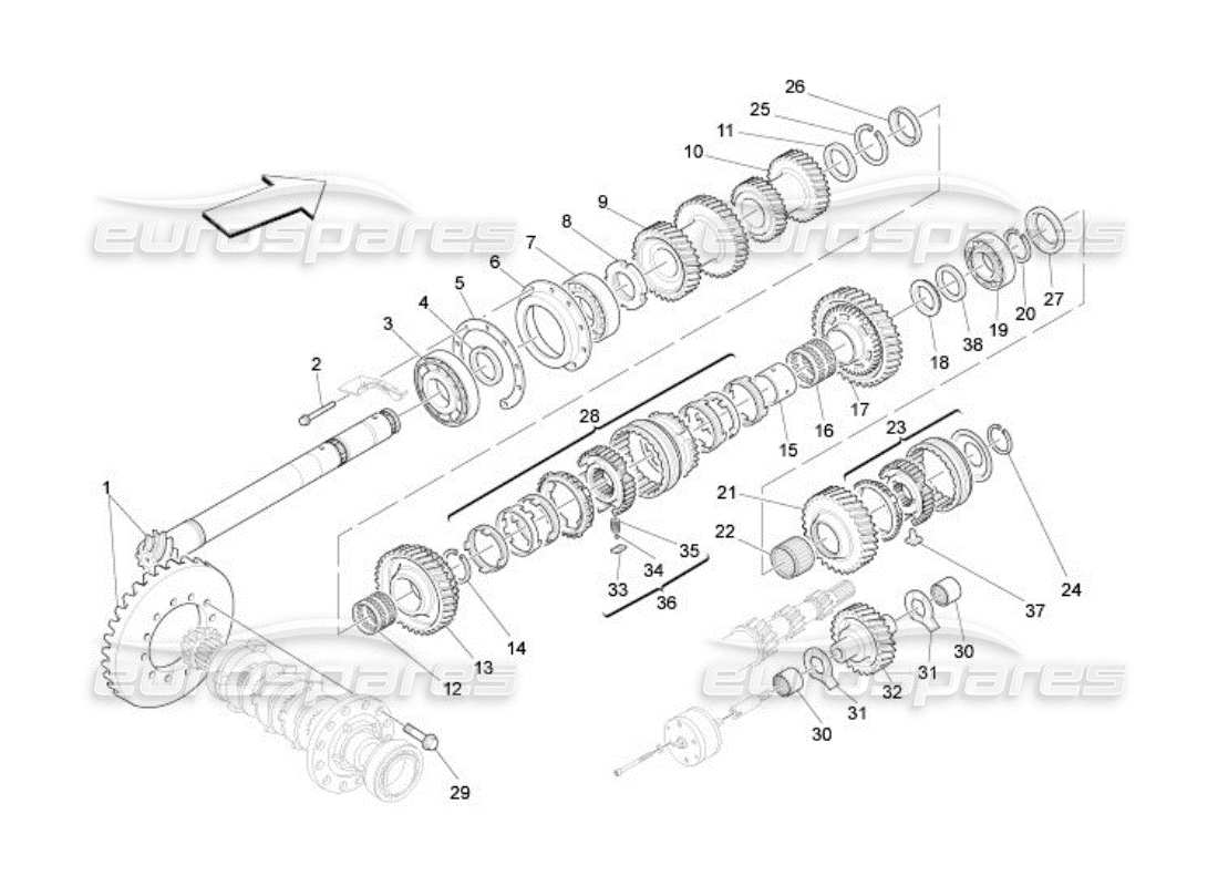 maserati qtp. (2005) 4.2 diagrama de piezas de engranajes del eje de apoyo