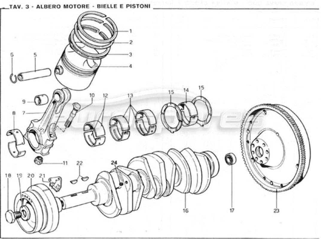 ferrari 246 gt series 1 cigüeñal: diagrama de piezas de bielas y pistones