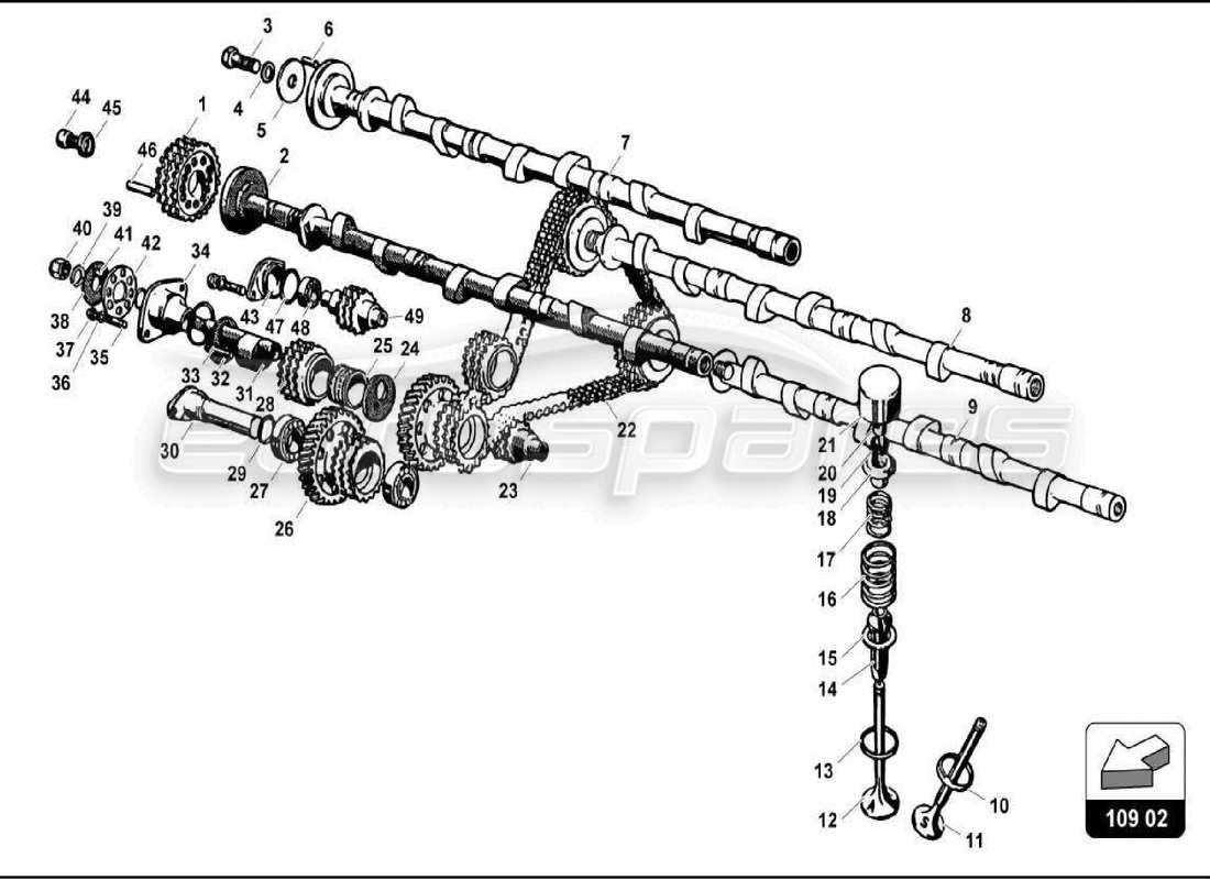 lamborghini 350 gt sistema de sincronización de cabeza diagrama de piezas