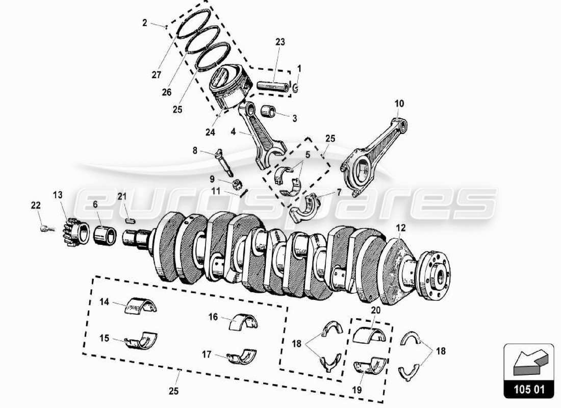 lamborghini miura p400s cigüeñal - biela diagrama de piezas