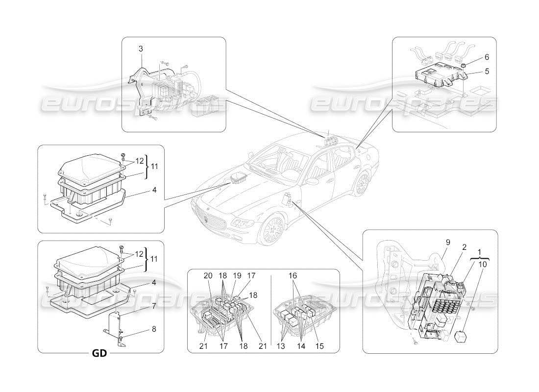 maserati qtp. (2011) 4.7 auto diagrama de piezas de relés, fusibles y cajas