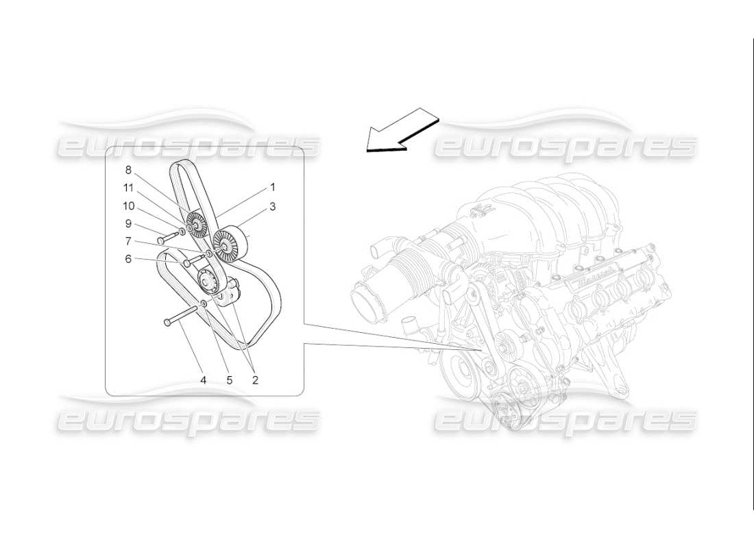 maserati qtp. (2007) 4.2 f1 diagrama de piezas de correas de dispositivos auxiliares