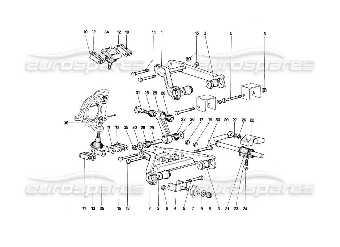 ferrari mondial 8 (1981) suspensión delantera - diagrama de piezas de horquillas