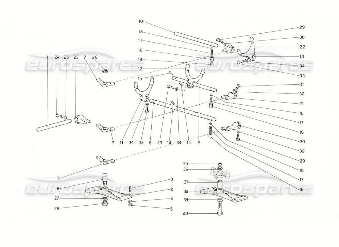 ferrari 308 gt4 dino (1976) diagrama de piezas de los controles internos de la caja de cambios