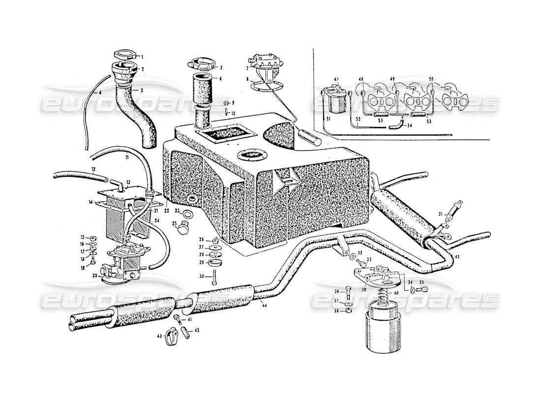 maserati 3500 gt colector de escape y tienda de combustible diagrama de piezas