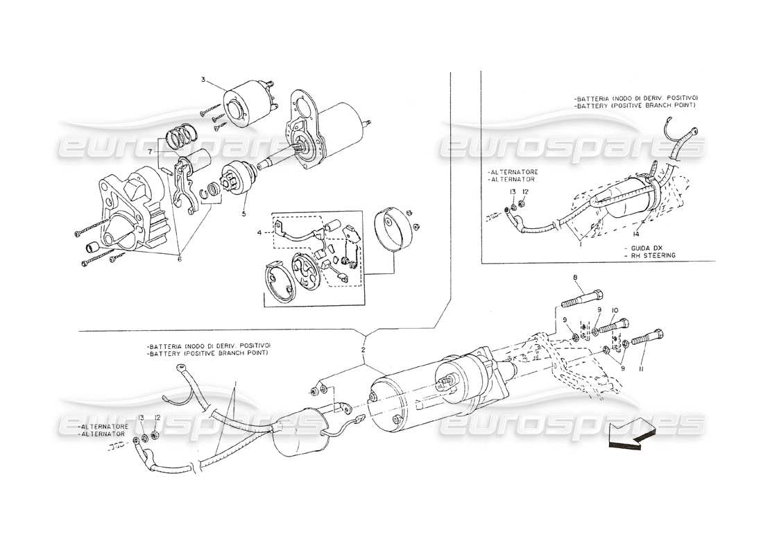 maserati shamal motor de arranque y cable de batería diagrama de piezas