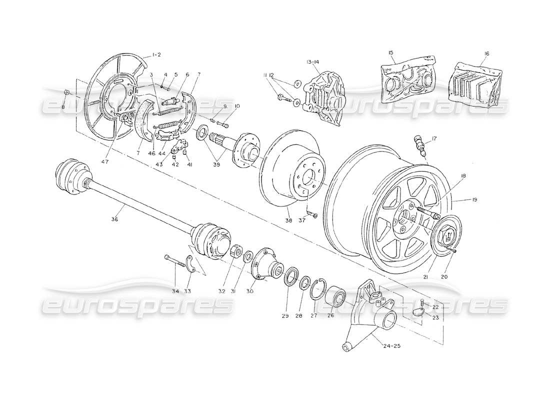 maserati shamal bujes, frenos traseros y semiejes diagrama de piezas