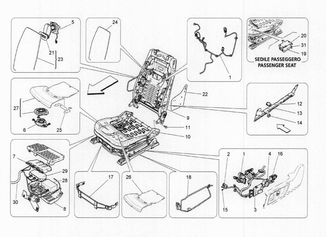 maserati qtp. v6 3.0 bt 410bhp 2015 diagrama de piezas electrónicas del asiento delantero