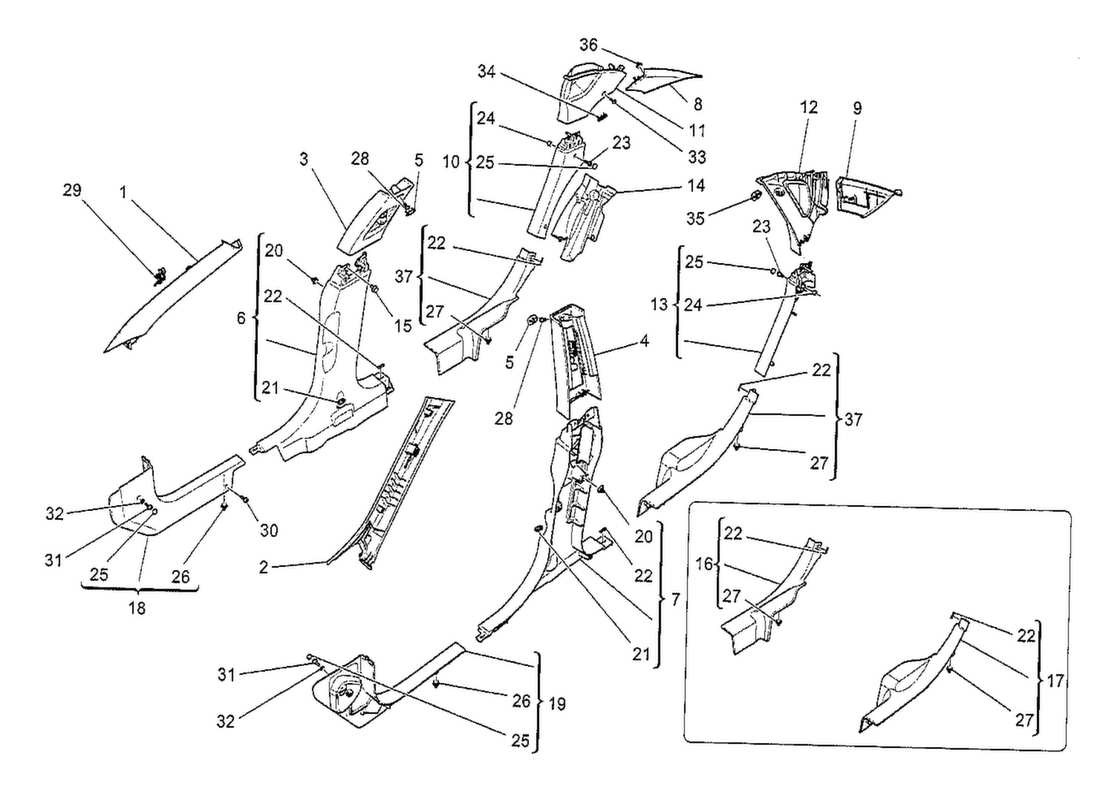 maserati qtp. v8 3.8 530bhp 2014 diagrama de piezas de paneles laterales y embellecedores del pilar b del compartimento de pasajeros
