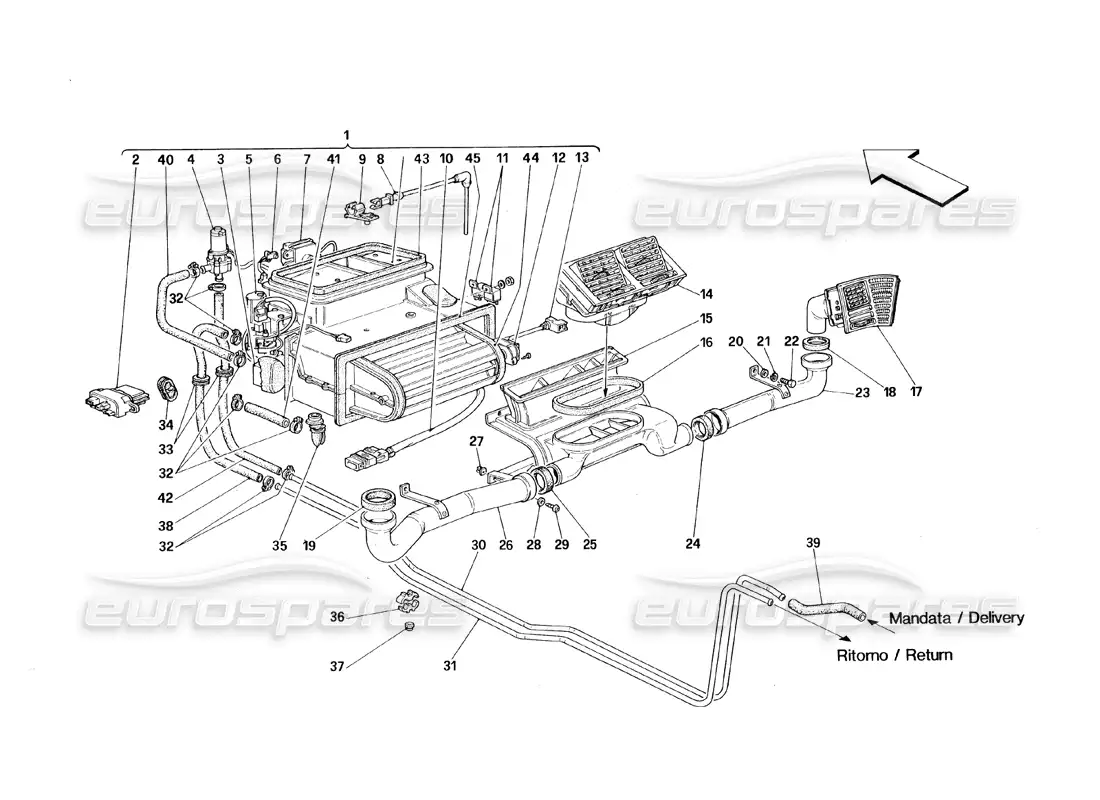 ferrari 348 (1993) tb / ts unidad evaporadora y aireación del compartimento de pasajeros diagrama de piezas