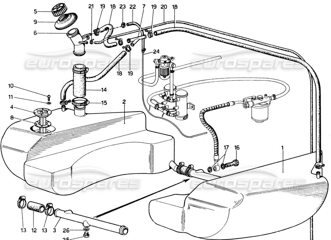 ferrari 365 gtb4 daytona (1969) diagrama de piezas de tuberías y tanques de combustible