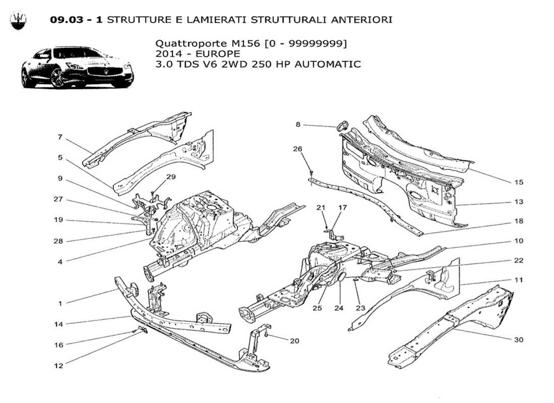 maserati qtp. v6 3.0 tds 250bhp 2014 diagrama de piezas de marcos estructurales frontales y paneles laminares