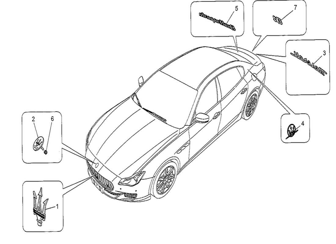 maserati qtp. v8 3.8 530bhp 2014 diagrama de piezas de adornos, marcas y símbolos